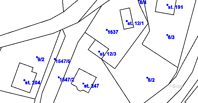 Parcela st. 12/3 v KÚ Kladeruby, Katastrální mapa