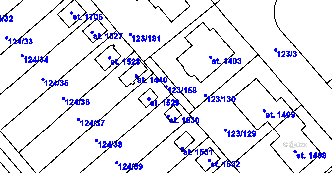 Parcela st. 123/158 v KÚ Rozdělov, Katastrální mapa