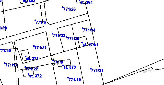 Parcela st. 374/1 v KÚ Vrapice, Katastrální mapa