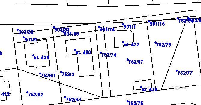 Parcela st. 752/74 v KÚ Vrapice, Katastrální mapa