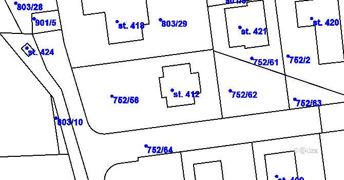 Parcela st. 412 v KÚ Vrapice, Katastrální mapa
