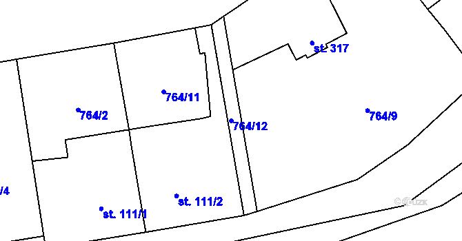 Parcela st. 764/12 v KÚ Vrapice, Katastrální mapa