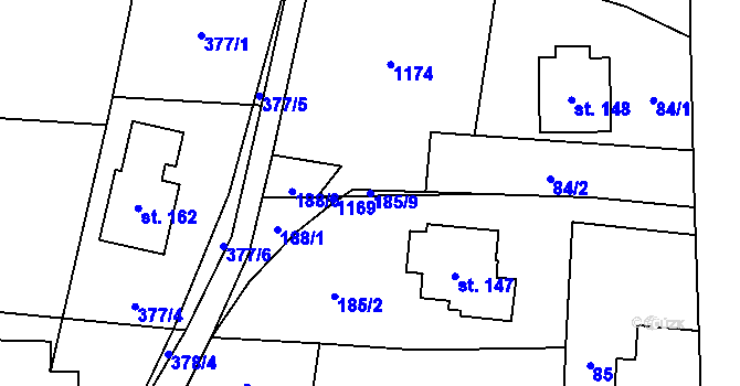 Parcela st. 185/9 v KÚ Kladno u Hlinska, Katastrální mapa