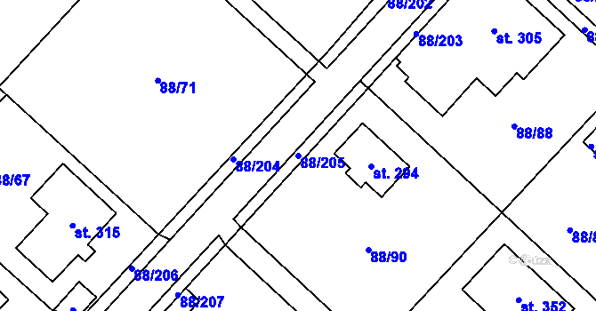 Parcela st. 88/205 v KÚ Kladruby u Teplic, Katastrální mapa