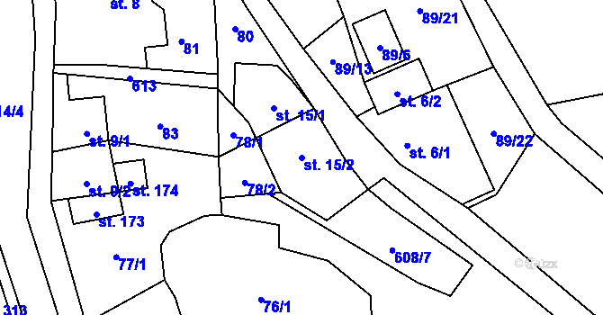 Parcela st. 15/2 v KÚ Klášter Hradiště nad Jizerou, Katastrální mapa