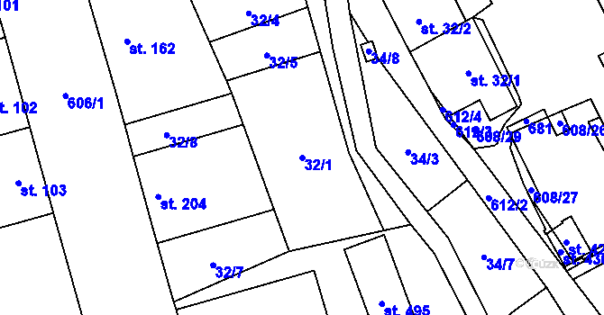 Parcela st. 32/1 v KÚ Klášter Hradiště nad Jizerou, Katastrální mapa