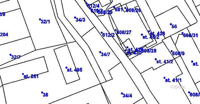 Parcela st. 34/7 v KÚ Klášter Hradiště nad Jizerou, Katastrální mapa