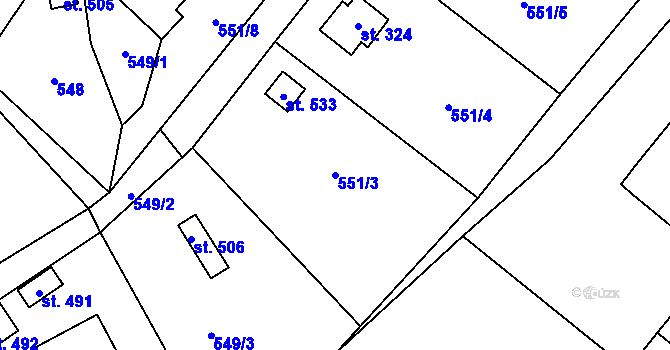 Parcela st. 551/3 v KÚ Klášter Hradiště nad Jizerou, Katastrální mapa