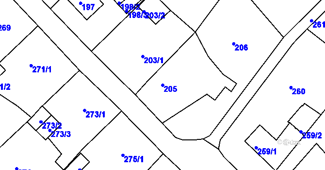 Parcela st. 205 v KÚ Miřetice u Klášterce nad Ohří, Katastrální mapa