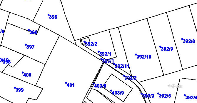 Parcela st. 392/1 v KÚ Miřetice u Klášterce nad Ohří, Katastrální mapa