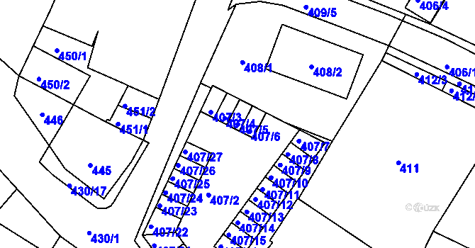 Parcela st. 407/5 v KÚ Miřetice u Klášterce nad Ohří, Katastrální mapa