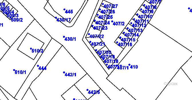 Parcela st. 407/20 v KÚ Miřetice u Klášterce nad Ohří, Katastrální mapa
