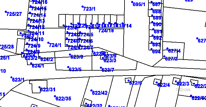 Parcela st. 623/9 v KÚ Miřetice u Klášterce nad Ohří, Katastrální mapa