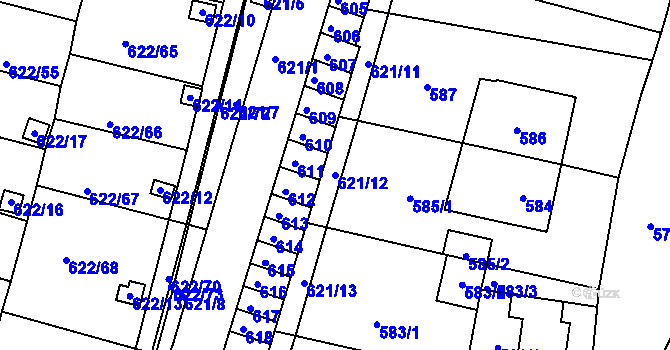 Parcela st. 621/12 v KÚ Miřetice u Klášterce nad Ohří, Katastrální mapa