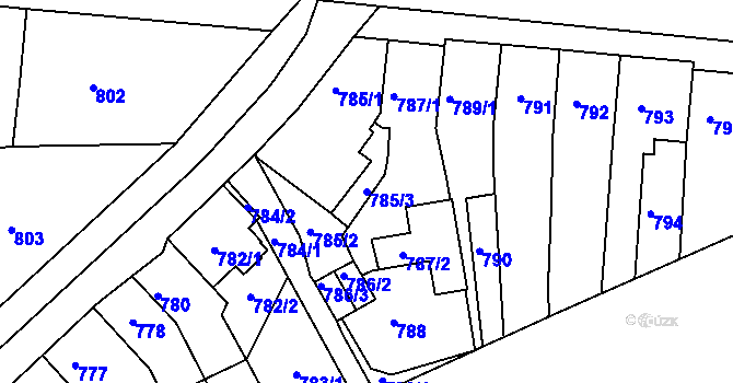 Parcela st. 785/3 v KÚ Miřetice u Klášterce nad Ohří, Katastrální mapa