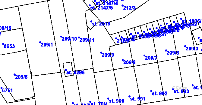 Parcela st. 209/9 v KÚ Klatovy, Katastrální mapa