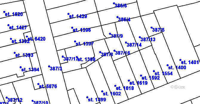 Parcela st. 387/8 v KÚ Klatovy, Katastrální mapa