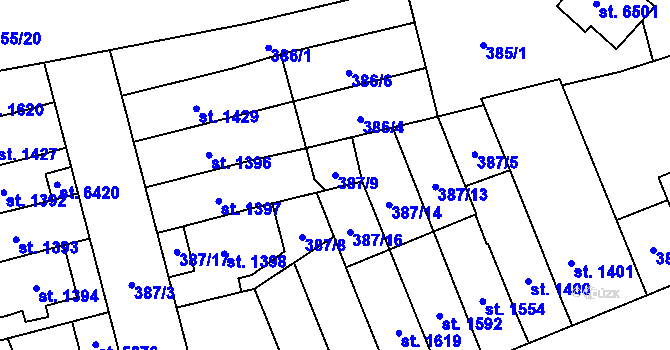 Parcela st. 387/9 v KÚ Klatovy, Katastrální mapa