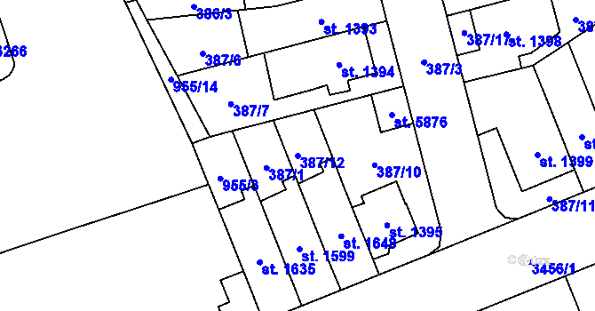 Parcela st. 387/12 v KÚ Klatovy, Katastrální mapa