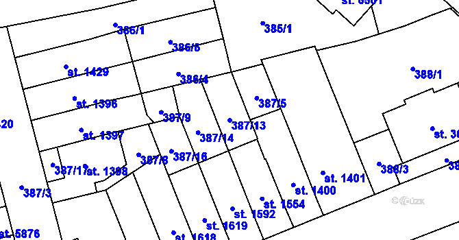 Parcela st. 387/13 v KÚ Klatovy, Katastrální mapa