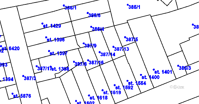 Parcela st. 387/14 v KÚ Klatovy, Katastrální mapa