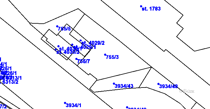 Parcela st. 755/3 v KÚ Klatovy, Katastrální mapa