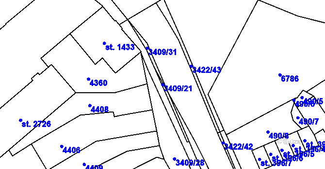 Parcela st. 3409/21 v KÚ Klatovy, Katastrální mapa