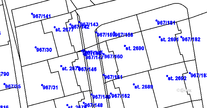 Parcela st. 967/160 v KÚ Klatovy, Katastrální mapa