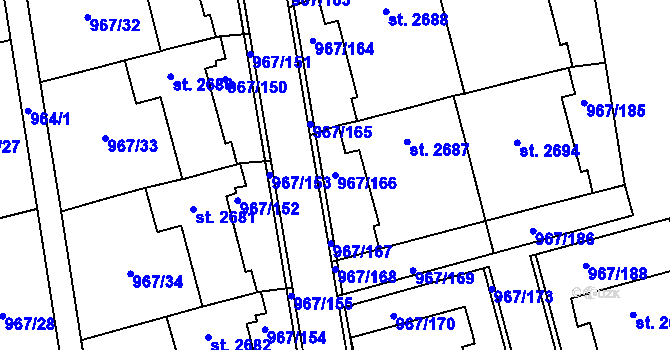 Parcela st. 967/166 v KÚ Klatovy, Katastrální mapa