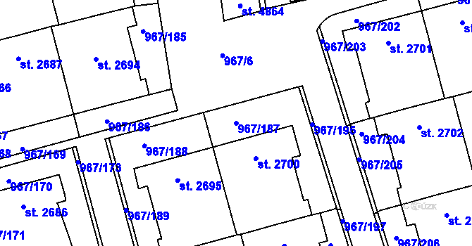 Parcela st. 967/187 v KÚ Klatovy, Katastrální mapa