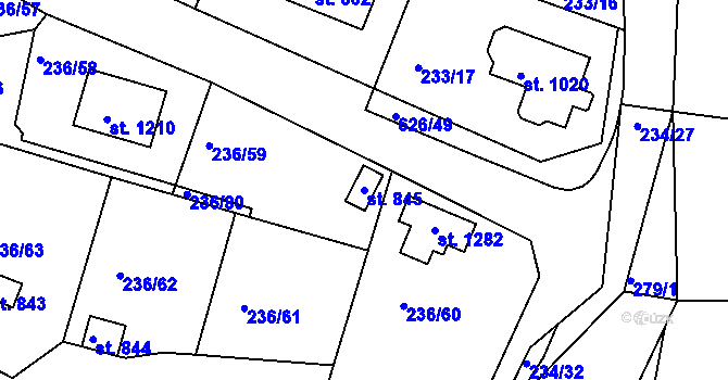 Parcela st. 845 v KÚ Klecany, Katastrální mapa