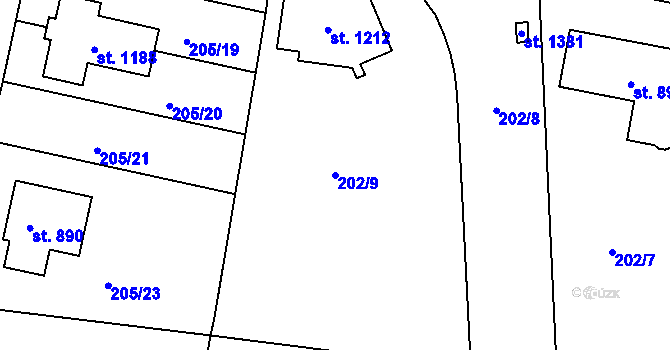 Parcela st. 202/9 v KÚ Klecany, Katastrální mapa