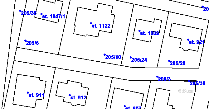 Parcela st. 205/10 v KÚ Klecany, Katastrální mapa