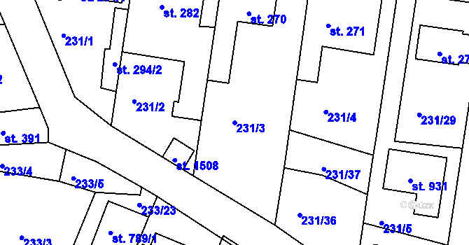 Parcela st. 231/3 v KÚ Klecany, Katastrální mapa