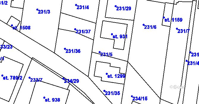 Parcela st. 231/5 v KÚ Klecany, Katastrální mapa