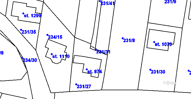 Parcela st. 231/31 v KÚ Klecany, Katastrální mapa