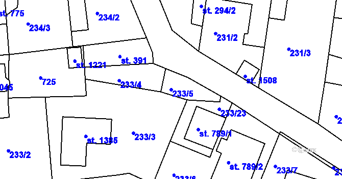 Parcela st. 233/5 v KÚ Klecany, Katastrální mapa