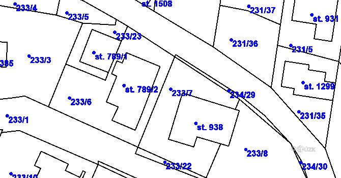 Parcela st. 233/7 v KÚ Klecany, Katastrální mapa
