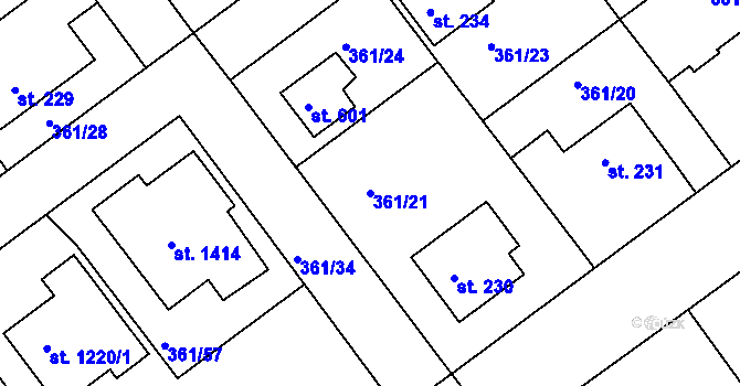 Parcela st. 361/21 v KÚ Klecany, Katastrální mapa
