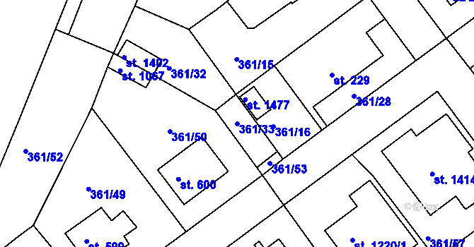 Parcela st. 361/33 v KÚ Klecany, Katastrální mapa
