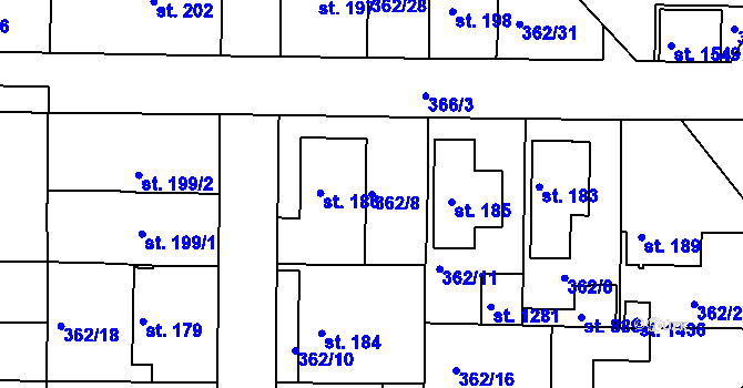 Parcela st. 362/8 v KÚ Klecany, Katastrální mapa