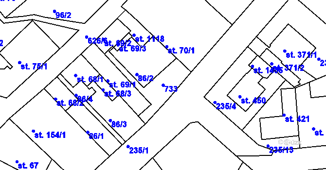 Parcela st. 733 v KÚ Klecany, Katastrální mapa