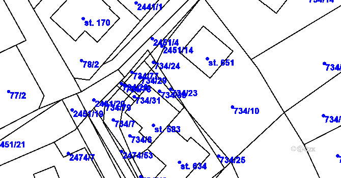 Parcela st. 734/23 v KÚ Klenčí pod Čerchovem, Katastrální mapa