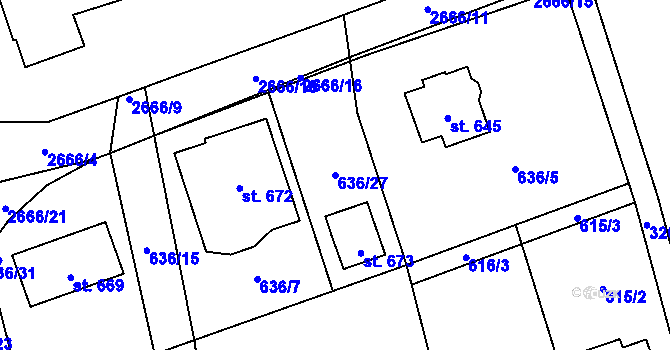 Parcela st. 636/27 v KÚ Klenčí pod Čerchovem, Katastrální mapa