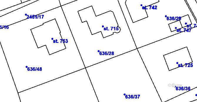 Parcela st. 636/28 v KÚ Klenčí pod Čerchovem, Katastrální mapa