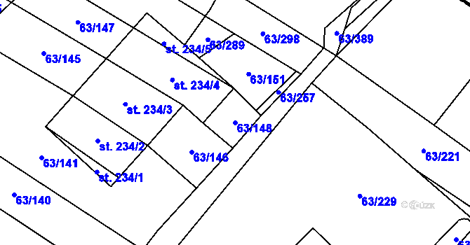 Parcela st. 63/148 v KÚ Kloboučky, Katastrální mapa