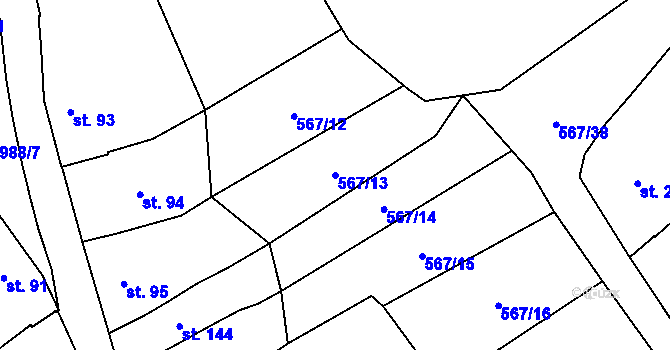 Parcela st. 567/13 v KÚ Kloboučky, Katastrální mapa