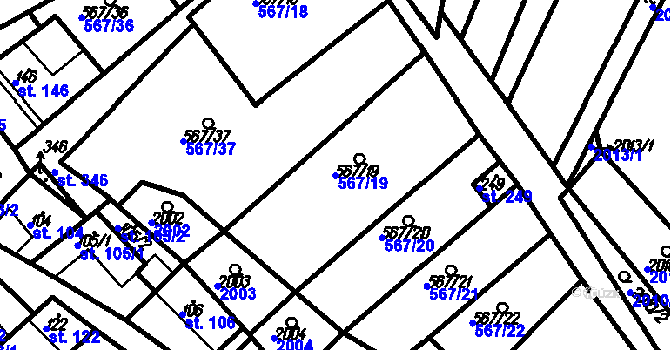 Parcela st. 567/19 v KÚ Kloboučky, Katastrální mapa