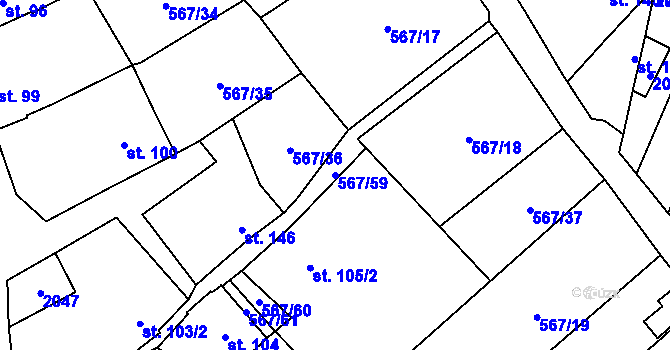 Parcela st. 567/59 v KÚ Kloboučky, Katastrální mapa