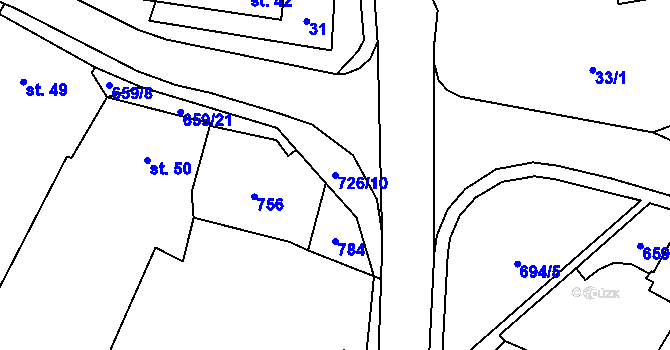 Parcela st. 726/10 v KÚ Klobuky, Katastrální mapa